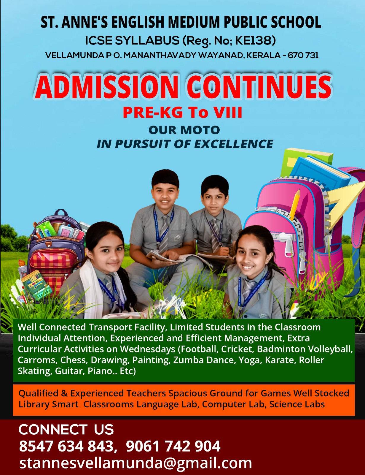 Admission continues for PRE-KG to VIII standard